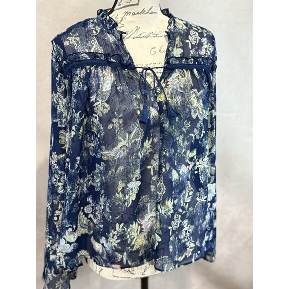 Ana Women’s Beautiful Blue Floral LS Blouse With Tassel Collar Size S - Picture 2 of 5